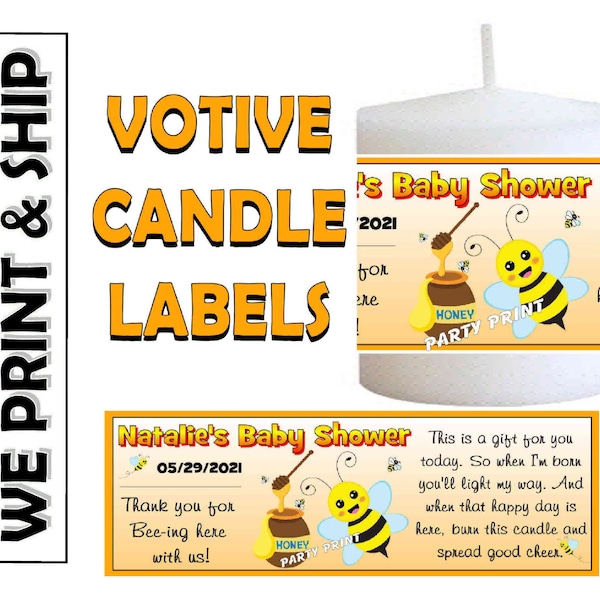 BUMBLE BEE BEES Baby Shower Favors Votive Candle Labels Stickers 4 x 1.3 inches