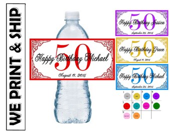 50th BIRTHDAY PARTY Favors Water Bottle Labels Glossy Half Wrap Design