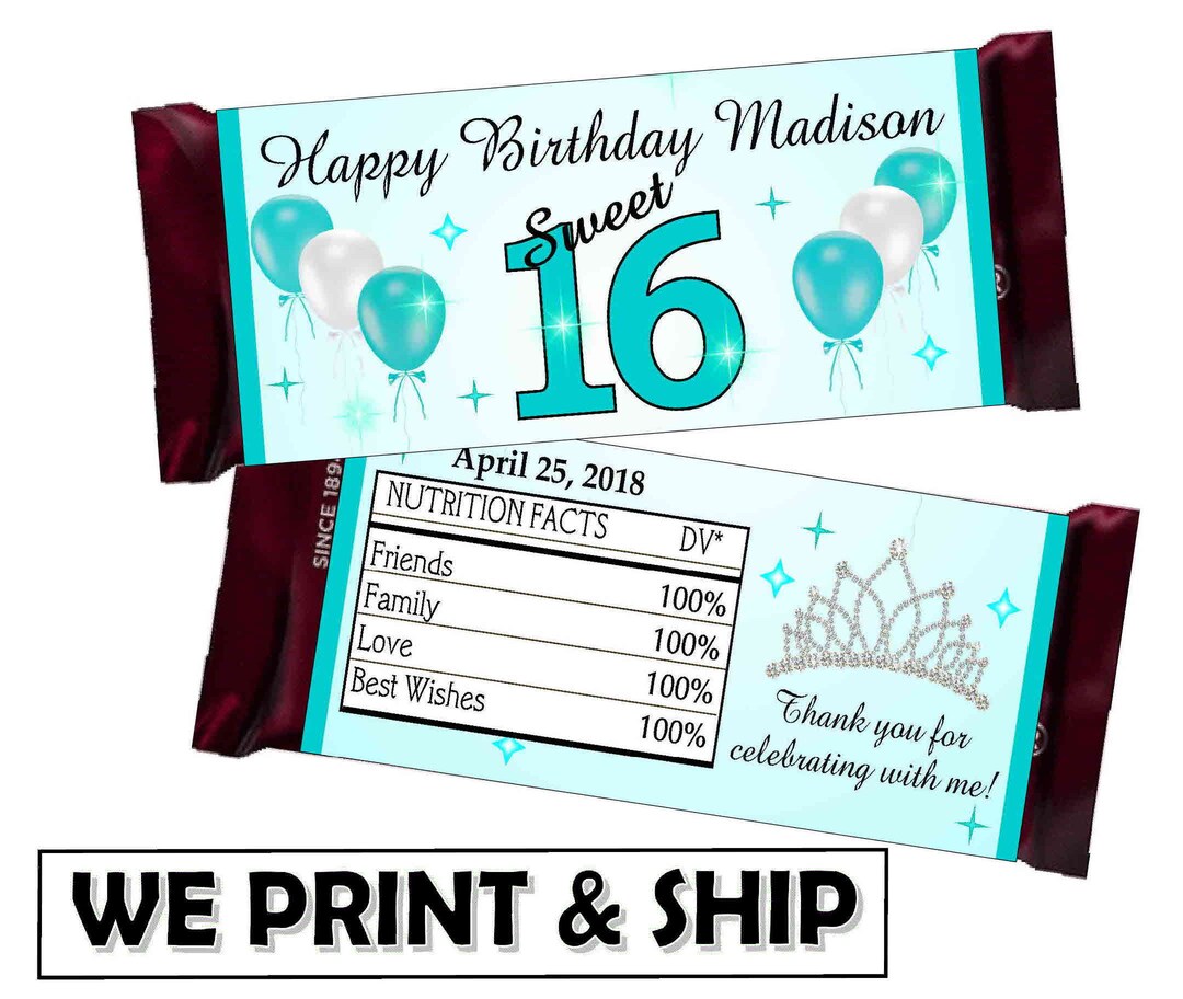 TEAL SWEET 16 BIRTHDAY Party Favors Chocolate Candy Bar Wrappers - Etsy