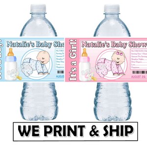 Pink Blue Baby Shower Favors Water Bottle Labels Half Wrap Design Glossy