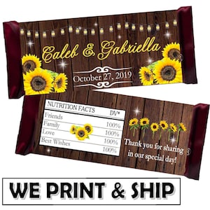 Rustic Sunflower Wedding Favors Chocolate Candy Bar Wrappers Wood Design WE PRINT and SHIP