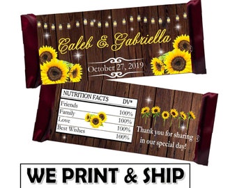 Rustic Sunflower Wedding Favors Chocolate Candy Bar Wrappers Wood Design WE PRINT and SHIP