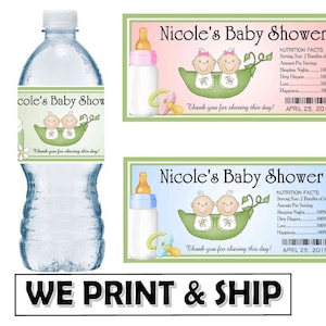Twins Baby Shower favorise les étiquettes de bouteilles d’eau Half Wrap Design Pois brillants dans une gousse