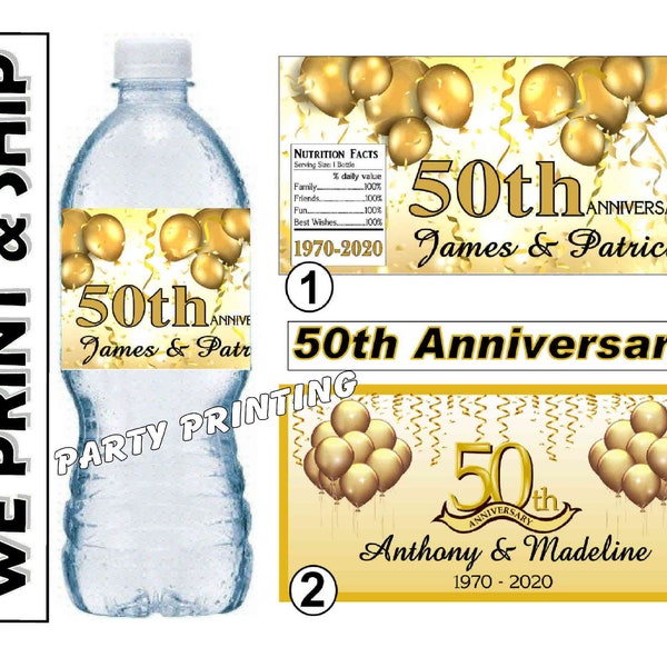 Golden 50th Anniversary Party Favors Water Bottle Labels Half Wrap Design Glossy