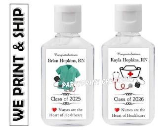 Pegatinas de desinfectante para manos para fiestas de graduación de enfermeras. Las etiquetas se adaptan a la mayoría de las botellas de desinfectante de 2 oz.