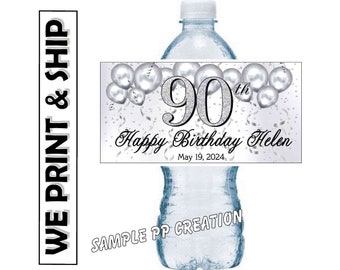 Silver 90th Birthday Party Favors Water Bottle Labels Half Wrap Design Glossy