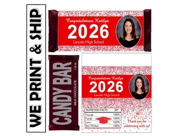 RED AND WHITE Graduation Party Favors Chocolate Bar Candy Bar Wrappers Class of 2026