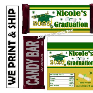 GREEN AND GOLD Graduation Party Favors Chocolate Bar Candy Bar Wrappers Class of 2025