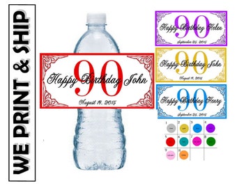 90th BIRTHDAY PARTY Favors Water Bottle Labels Glossy Half Wrap Design