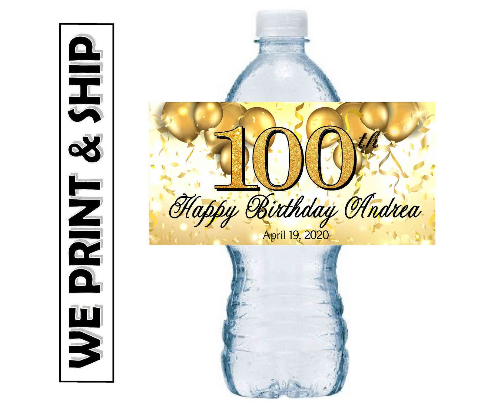 Gold 100th Birthday Party Favors Water Bottle Labels Half Wrap Design