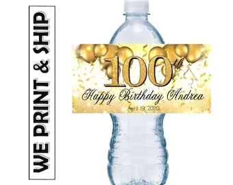 Gold 100th Birthday Party favorece las etiquetas de botellas de agua Half Wrap Design Glossy