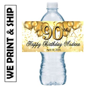 Gold 90th Birthday Party Favors Water Bottle Labels Half Wrap Design Glossy