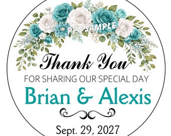 TURQUOISE TEAL & White Flowers Floral Wedding Favors Stickers Thank You Labels - Personalized