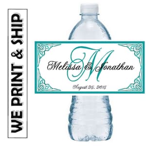 May include: Teal and white wedding water bottle label with the text "Melissa & Jonathan" and the date "August 25, 2015".