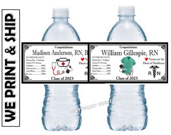 Etiquetas para botellas de agua con diseño de medio envoltorio para recuerdos de fiesta de graduación de enfermeras