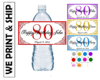 80th BIRTHDAY PARTY Favors Water Bottle Labels Glossy Half Wrap Design