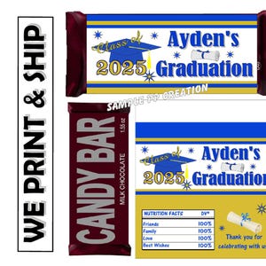 May include: A blue and gold graduation party favor candy bar wrapper with the text "Class of 2025 Ayden's Graduation". The wrapper also includes a graduation cap and a scroll.