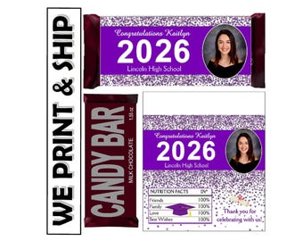 PURPLE AND WHITE Graduation Party Favors Chocolate Bar Candy Bar Wrappers Class of 2026