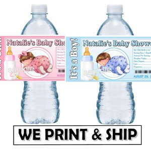 Pink Blue Baby Shower Favors Water Bottle Labels Half Wrap Design Glossy