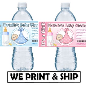 Pink Blue Baby Shower Favors Water Bottle Labels Half Wrap Design Glossy
