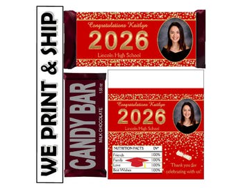 RED AND GOLD Graduation Party Favors Chocolate Bar Candy Bar Wrappers Class of 2026