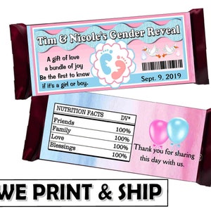 GENDER REVEAL Baby Shower Favors Chocolate Candy Bar Wrappers