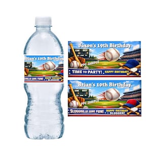 May include: A clear water bottle with a custom baseball-themed label. The label reads "Brian's 10th Birthday" and features baseballs, bats, and a stadium backdrop. Additional labels with "Jaxon's 19th Birthday" are also visible.
