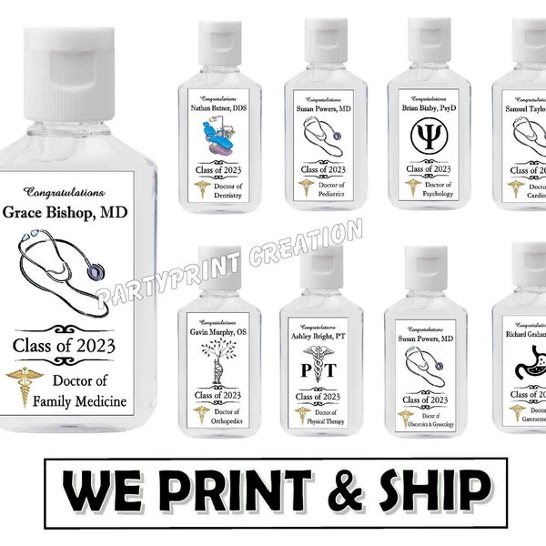 DOCTOR Graduation Party Favors HAND SANITIZER Labels fits most 2 oz sanitizer bottles surgeon, dentist, pharmacist, psychology etc.