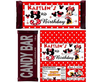 Red MINNIE MOUSE BIRTHDAY Party Favors Chocolate Candy Bar Wrappers
