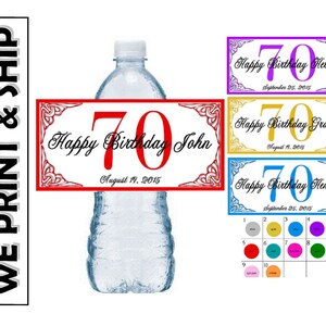 May include: Water bottle labels with a red, gold, and blue border. The labels say "Happy 70th Birthday" with a name and date. The labels are designed for a 70th birthday party.