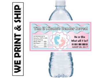 GENDER REVEAL Baby Shower Favors Wasserflaschen Etiketten Half Wrap Design glänzend