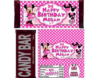 Pink MINNIE MOUSE BIRTHDAY Party Favors Chocolate Candy Bar Wrappers