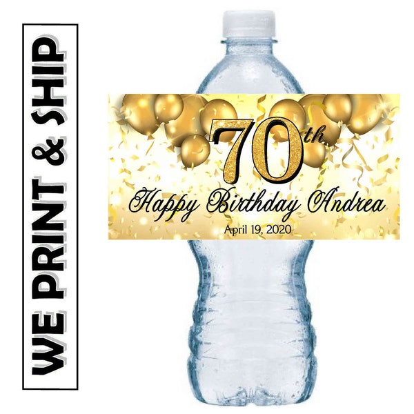 Gold 70th Birthday Party Favors Water Bottle Labels Half Wrap Design Glossy