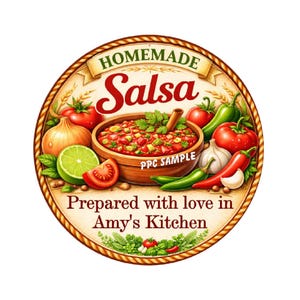 May include: A circular label featuring the text HOMEMADE Salsa and Prepared with love in Amy's Kitchen. The design includes a wooden bowl of salsa surrounded by fresh tomatoes, a lime, an onion, garlic, and green and red chili peppers.