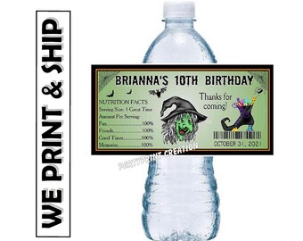 HALLOWEEN Party Favors Water Bottle Labels Glossy Witch PERSONALIZED