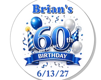 Blue 60th BIRTHDAY Favors Labels Stickers Tags pink blue teal purple gold silver red