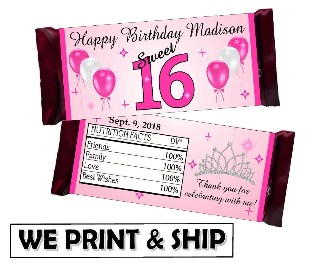 PINK SWEET 16 BIRTHDAY Party Favors Chocolate Candy Bar Wrappers - Etsy