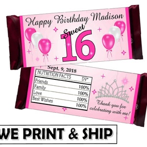 PINK SWEET 16 BIRTHDAY Party Favors Chocolate Candy Bar Wrappers