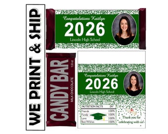 GREEN AND WHITE Graduation Party Favors Chocolate Bar Candy Bar Wrappers Class of 2026