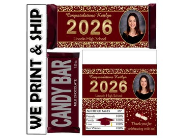 MAROON AND GOLD Graduation Party Favors Chocolate Bar Candy Bar Wrappers Class of 2026