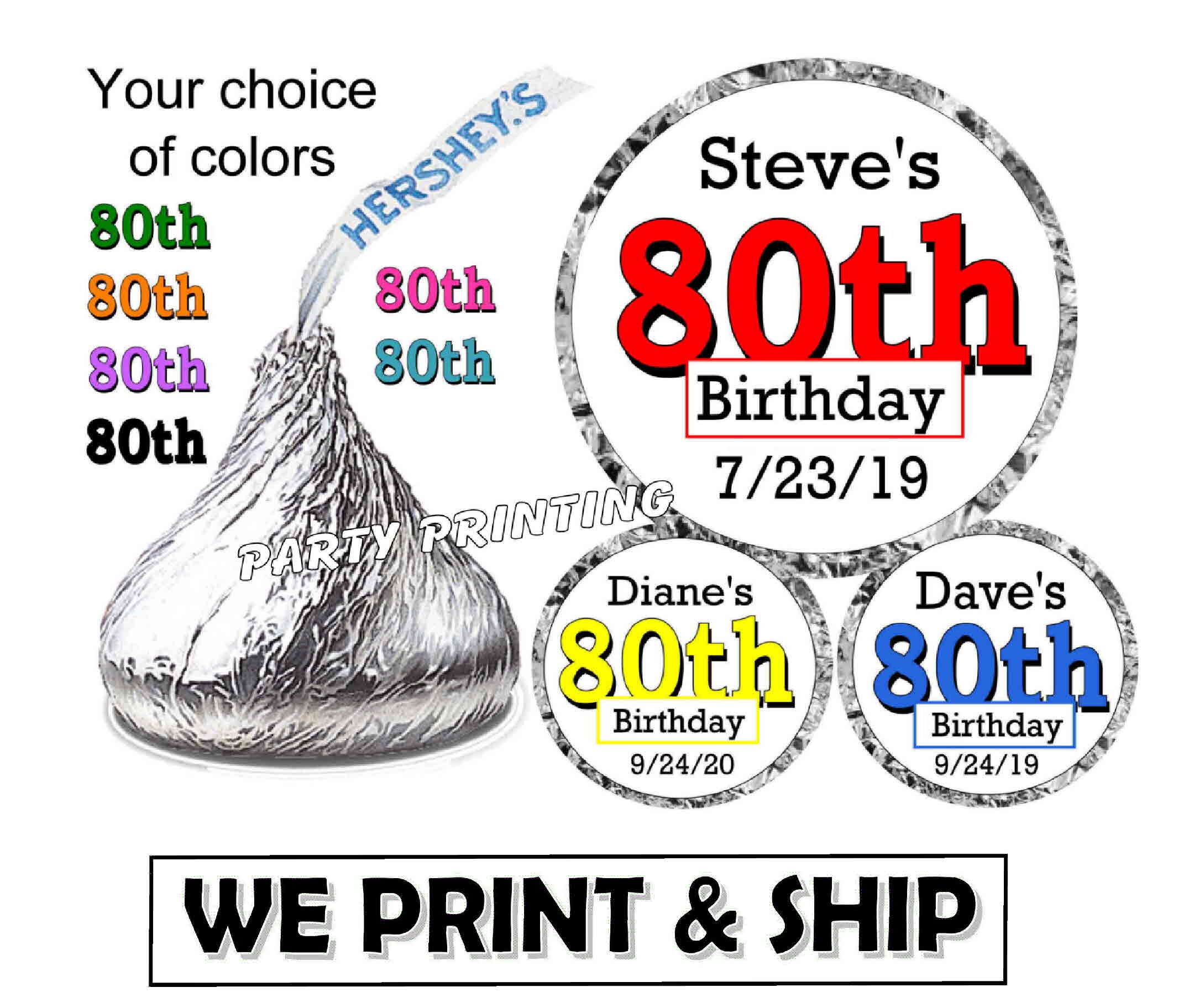90th ANY AGE BIRTHDAY Personalized Kisses Kiss Label Sticker Favor 108 80th 