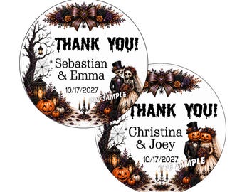 HALLOWEEN Wedding Favors Stickers Thank You Labels - Personalized skeletons pumpkins gothic black