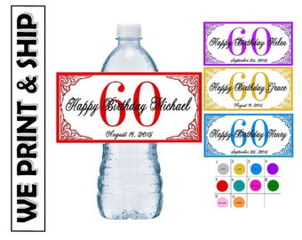 60th BIRTHDAY PARTY Favors Water Bottle Labels Glossy Half Wrap Design