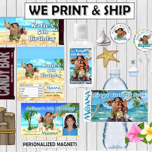 May include: A set of personalised Moana-themed birthday party favours. The favours include a candy bar wrapper, a water bottle label, a hand sanitiser label, a magnet, and a round sticker. The favours feature Moana characters, including Maui, Moana, and Pua. The text on the favours says "Katie's 5th Birthday", "Juliana's 6th Birthday", and "Happy Birthday Sofia".