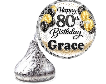 Black and Gold 80th BIRTHDAY PARTY FAVORS Candy Chocolate kiss Labels decorations personalized