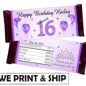 PURPLE SWEET 16 BIRTHDAY Party Favors Chocolate Candy Bar Wrappers