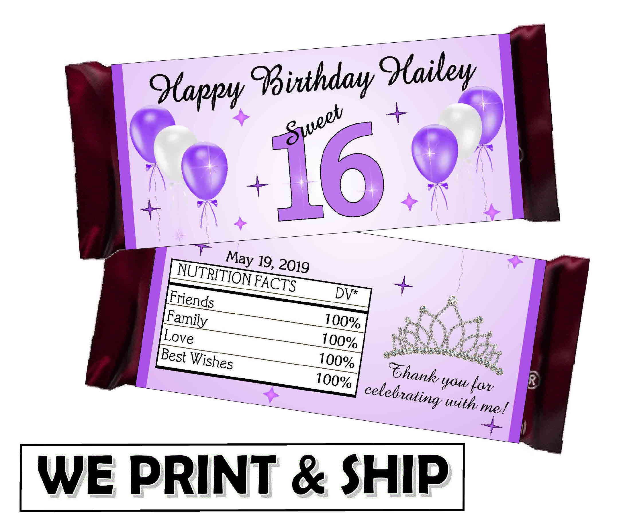 PURPLE SWEET 16 BIRTHDAY Party Favors Chocolate Candy Bar Wrappers - Etsy