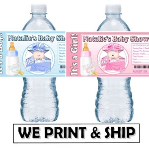 Pink Blue Baby Shower Favors Water Bottle Labels Half Wrap Design Glossy