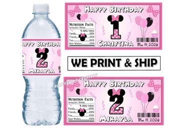 Pink MINNIE MOUSE BIRTHDAY Party Favors Water Bottle Labels Half Wrap Design 4 x 2 in. Glossy