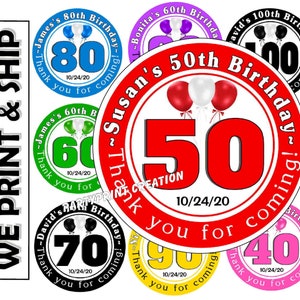 BIRTHDAY PARTY 40th 50th 60th 70th 80th 90th 100th Favors Labels Stickers Tags